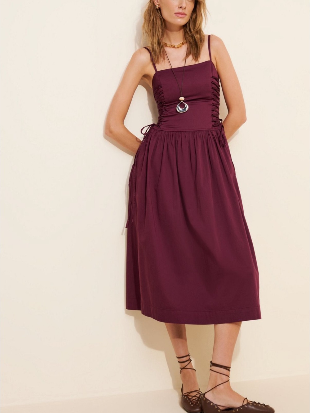 Damson Madder Angelina cotton satin purple Midi Dress with Side Lace-Up